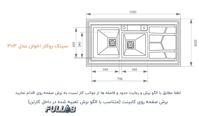 سینک ظرفشویی روکار اخوان 303 دو لگن با عمق 20 سانتی‌متر